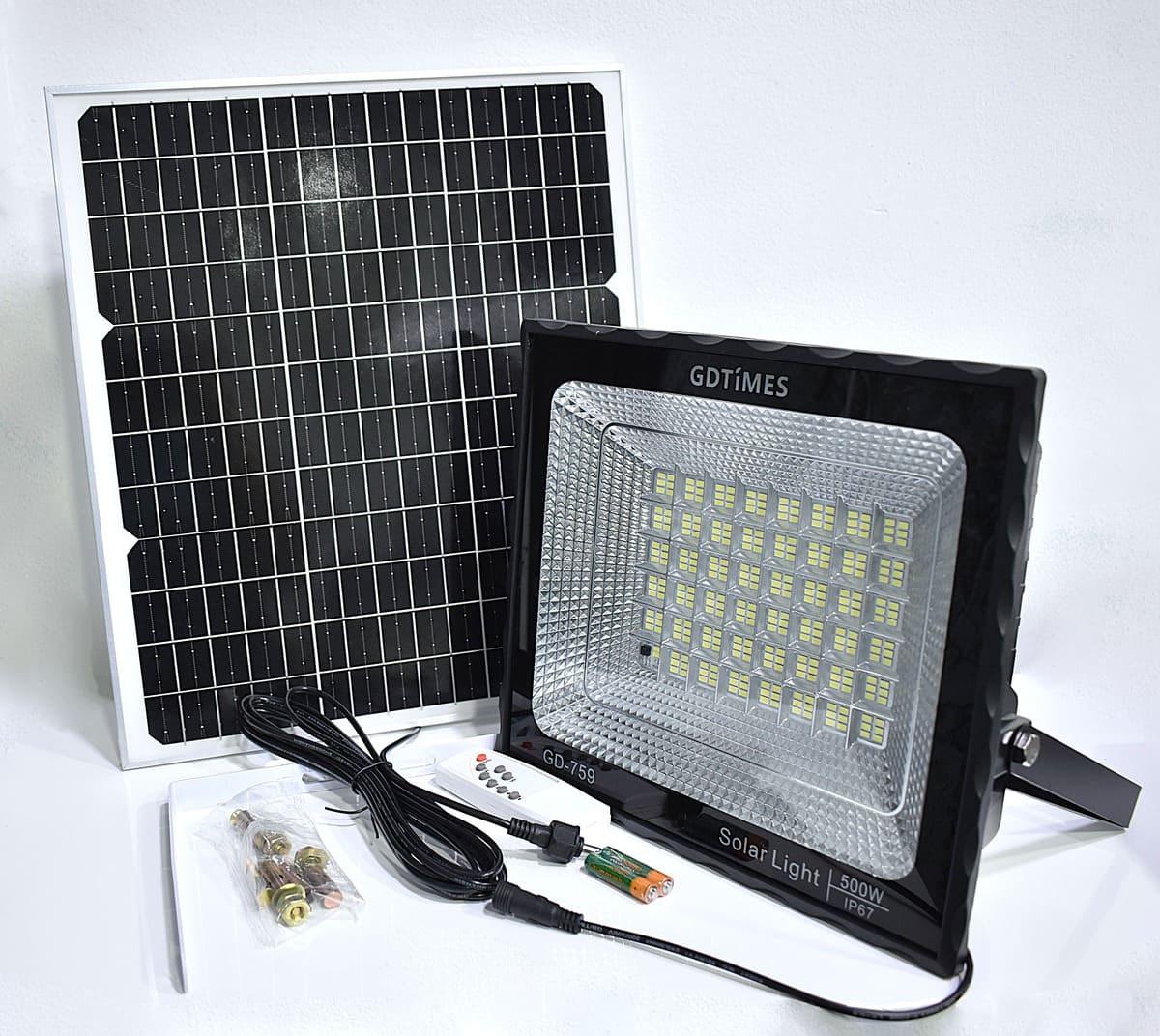 Kit Reflector LED 500W Recargable, Panel Solar y Control Remoto Con Temporizador - GDTimes GD-759