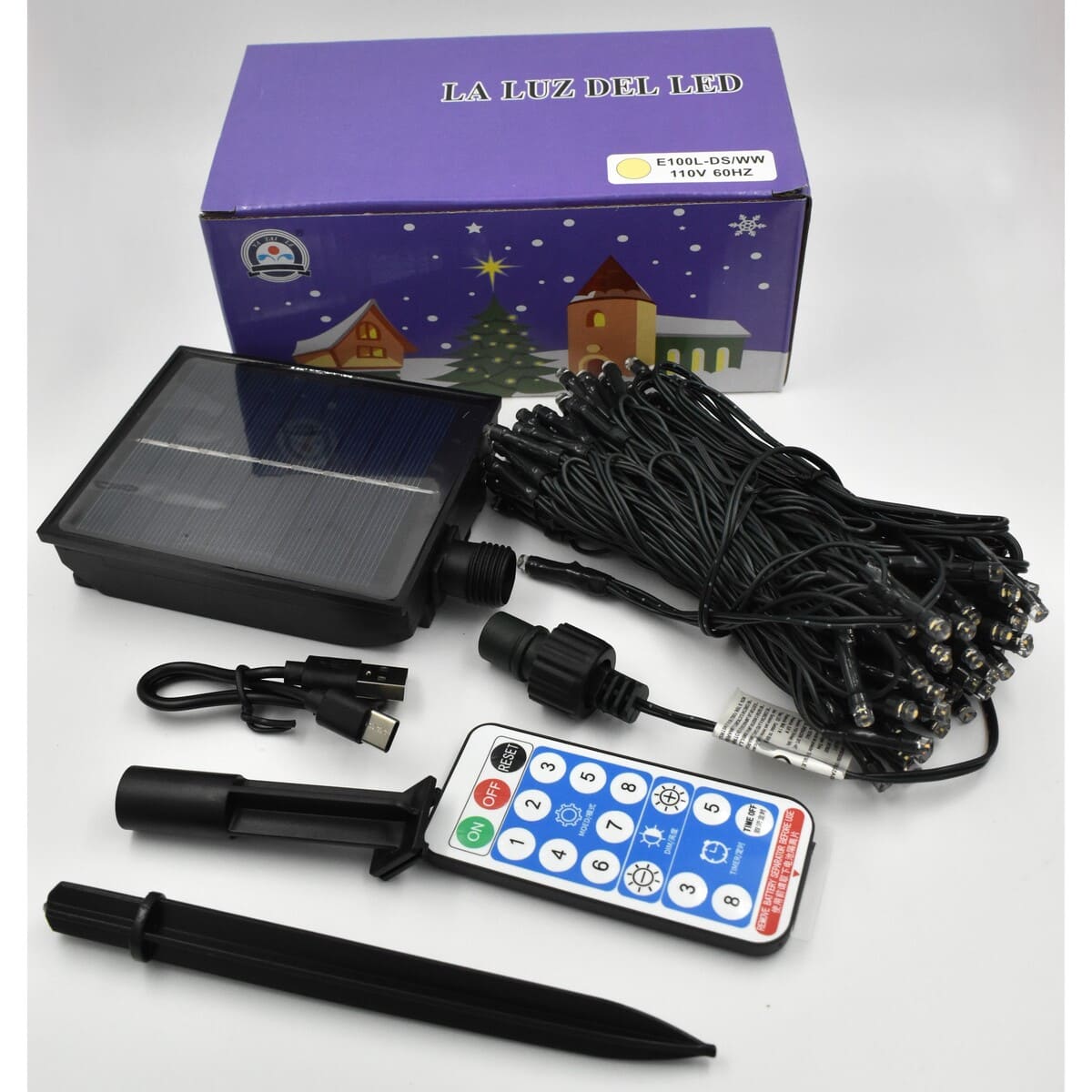 Luces de Navidad 100 Bombillos 10 Metros Con Panel Solar y Control Remoto