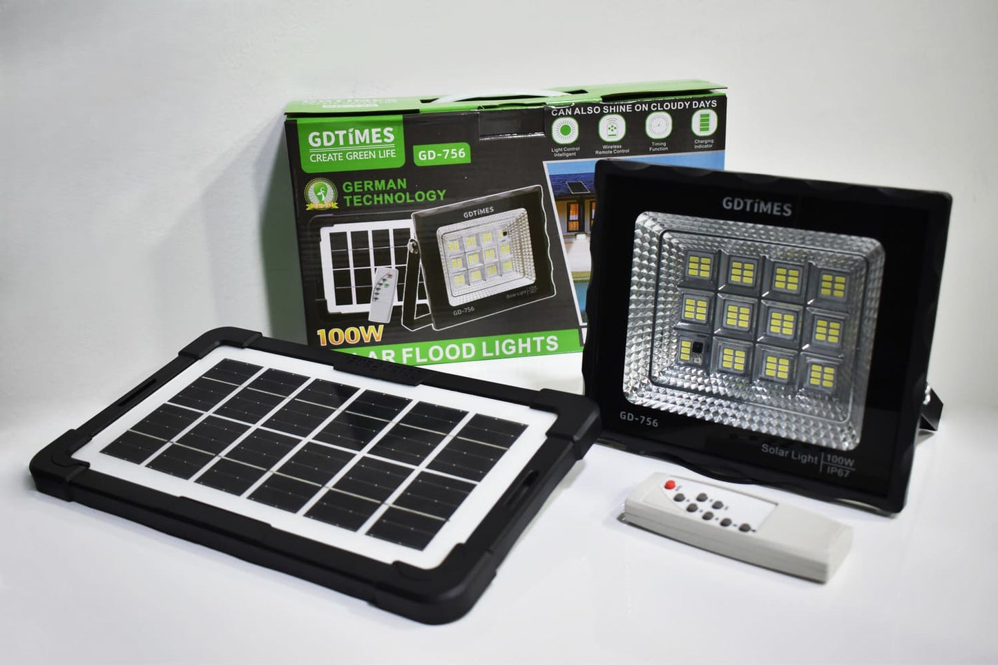 Kit Reflector LED 100W Recargable, Panel Solar y Control Remoto Con Temporizador - GDTimes GD-756