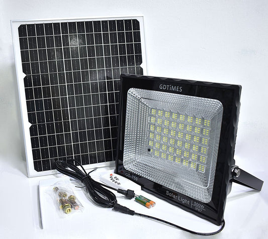 Kit Reflector LED 500W Recargable, Panel Solar y Control Remoto Con Temporizador - GDTimes GD-759