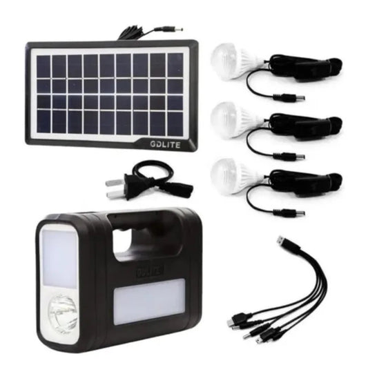 Kit Panel Solar + 3 Bombillos de 3W + Módulo Con Batería y Linterna + Cable Multiuso + Cable de Corriente