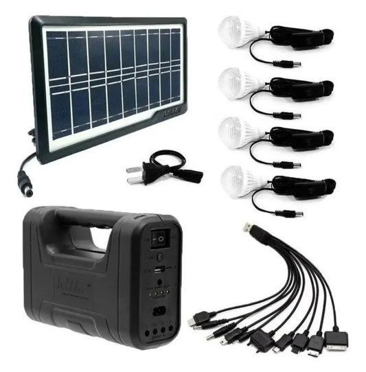 Kit Panel Solar + 4 Bombillos de 3W + Módulo Con Batería y Linterna + Cable Multiuso + Cable de Corriente