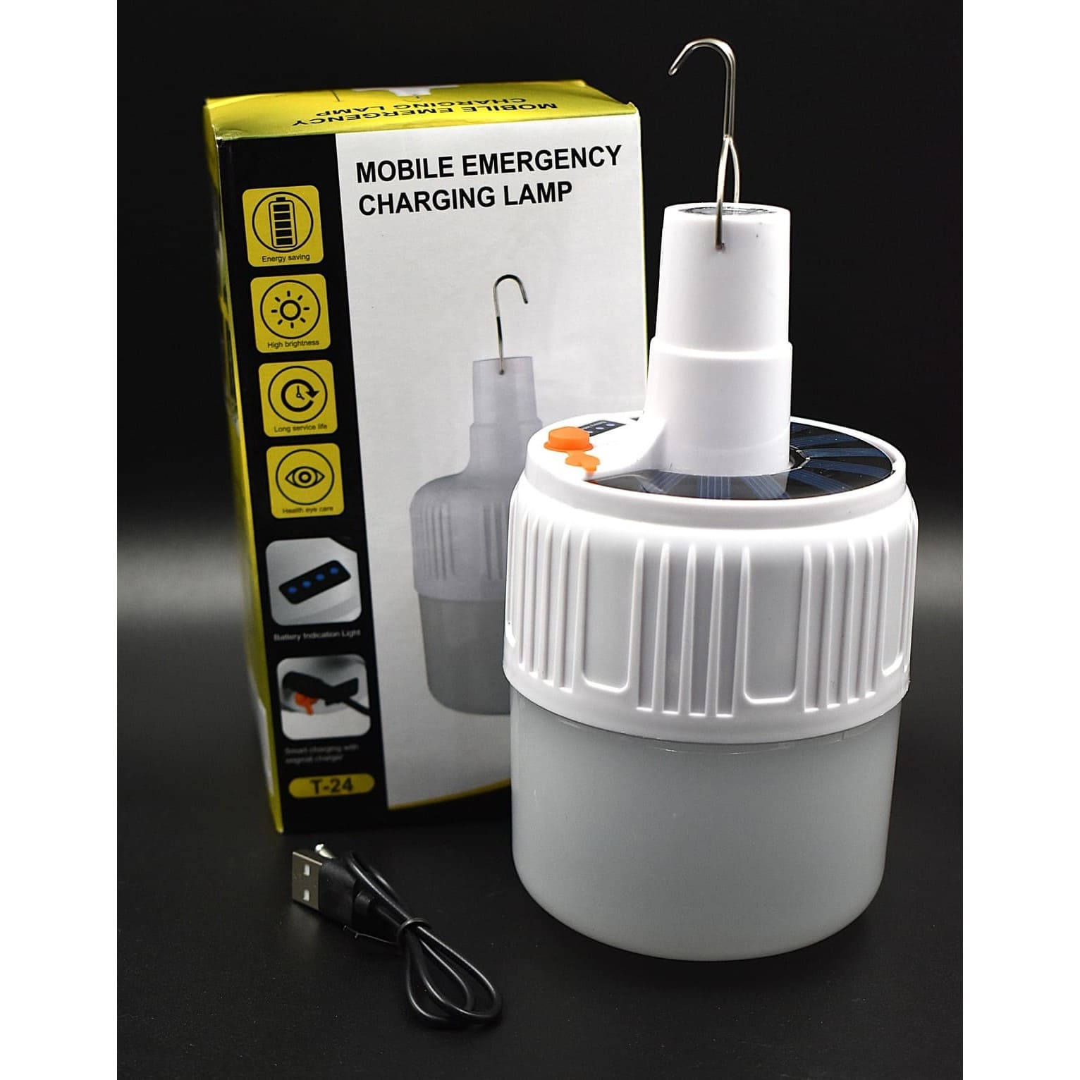 Bombillo Solar LED 9W Portátil con Gancho para Colgarlo, Carga Solar y USB - T-24