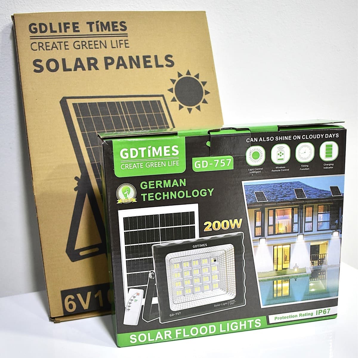 Kit Reflector LED 200W Recargable, Panel Solar y Control Remoto Con Temporizador - GDTimes GD-757